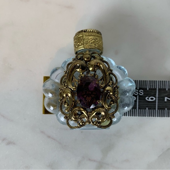 Miniature Glass Perfume Bottle Vintage Ornate Brass Purple Rhinestone Twist Cap - Picture 11 of 13